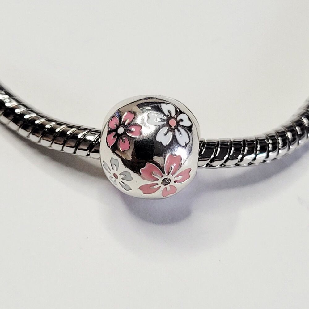 NWT Stopper Charm Ball Peach Pink Salmon And Silver Flowers For Pandora Bracelet